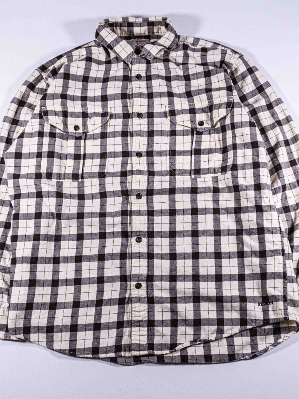 Filson Lightweight Alaskan Guide Shirt Mens Large Cream Deep Brown Plaid Flannel
